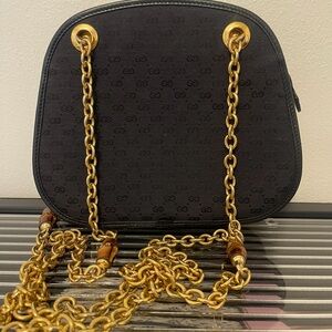 Vintage 70’s Gucci Black Bag with Bamboo Details and Gold Chain